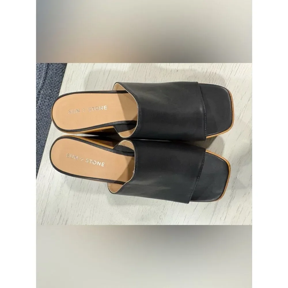 Sun + Stone Black Platform Mule Sandals with Tan Wood-Look Heel